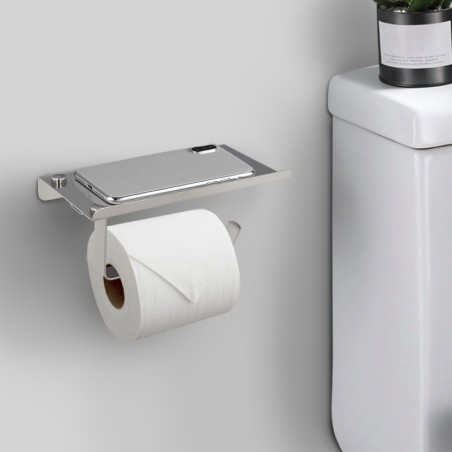Portarrollos Baño Con estante Para Móviles Autoadhesivo, Color Inox Con Efecto Espejo, Autoadhesivo Resistente o Con Tornillos