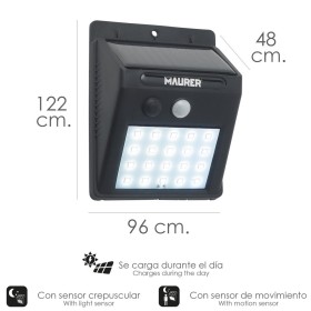 Aplique Foco Solar LED Exterior IP65, 200 Lúmenes, Sensor Movimiento y Crepuscular, Foco Led Batería, Foco Solar Batería,