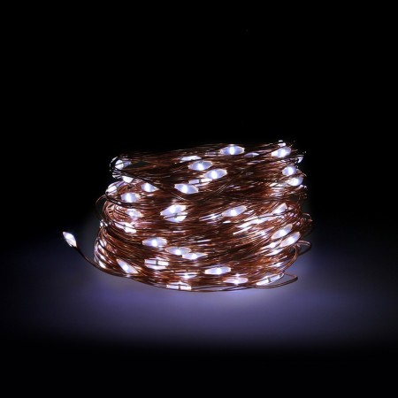 Luces Navidad 100 Microleds Blanco Frio, Cable Color Cobre funcionamiento A Batería (3 AA No incluidas) o Con Cable USB. IP44