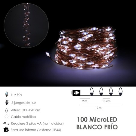 Luces Navidad 100 Microleds Blanco Frio, Cable Color Cobre funcionamiento A Batería (3 AA No incluidas) o Con Cable USB. IP44