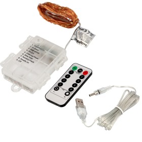 Luces Navidad 100 Microleds Blanco Frio, Cable Color Cobre funcionamiento A Batería (3 AA No incluidas) o Con Cable USB. IP44