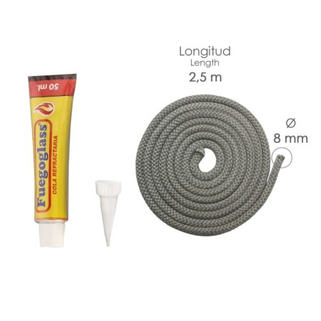 Kit Reparación Estufas/Chimeneas, Cola Refractaria y Cordón Fibra Vidrio 8 mm. x 2,5 m.
