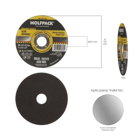 Disco Corte Abrasivo Acero Inoxidable Diámetro 125x Diámetro 22,2 mm Espesor 1,0 mm. Disco Radial / Amoladora Universal