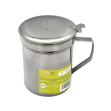 Grasera Acero Inoxidable Para Pescado Aceitera Aceite Usado 0,5 L. Con Colador y Tapa, Recipiente Reciclaje Aceite