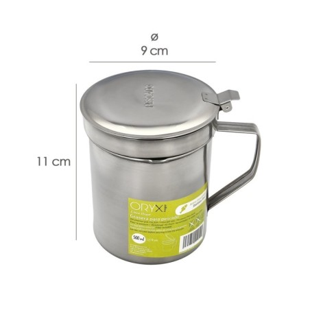 Grasera Acero Inoxidable Para Pescado Aceitera Aceite Usado 0,5 L. Con Colador y Tapa, Recipiente Reciclaje Aceite