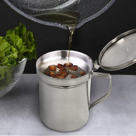 Grasera Acero Inoxidable Para Pescado Aceitera Aceite Usado 0,5 L. Con Colador y Tapa, Recipiente Reciclaje Aceite