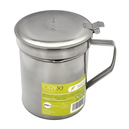 Grasera Acero Inoxidable Para Pescado Aceitera Aceite Usado 1,0 L. Con Colador y Tapa, Recipiente Reciclaje Aceite