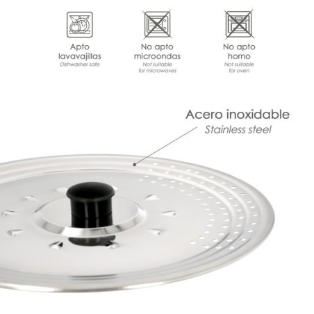 Tapadera Multiusos Acero Inoxidable Diámetro 21 cm. Uso Tapa Anti Salpicaduras y Escurridor.