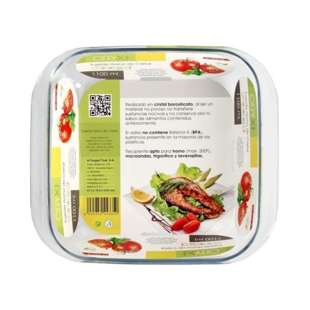 Fuente Horno Cristal Borosilicato Cuadrada 1,1litros. 18x18 cm. Ideal Mezclas, Ensaladas, Postres, Repostería. Libre BPA