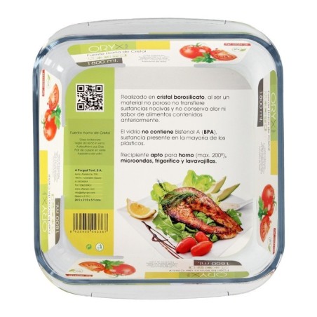 Fuente Horno Cristal Borosilicato Cuadrada 1,1L. 20,7x20,7 cm. Ideal Mezclas, Ensaladas, Postres, Cocina, Repostería. Libre BPA