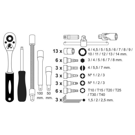 Juego Llaves De Vaso y Puntas 1/4" 46 piezas. Con Apartador. Cromo Vanadio, Kit Llave Combinada, Kit Carraca,