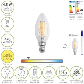 Bombilla Led Filamento Vela Rosca E14. 4,5 Watt. Equivale A 40 Watt. 470 Lúmenes. Luz Cálida (2700º K.)