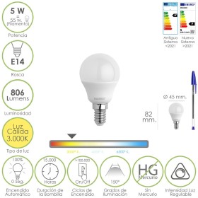 Bombilla Led Esférica Rosca E14. 5 Watt. Equivale A 55 Watt. 806 Lúmenes. Regulable Luz Cálida (3000º K.)