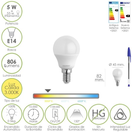 Bombilla Led Esférica Rosca E14. 5 Watt. Equivale A 55 Watt. 806 Lúmenes. Regulable Luz Cálida (3000º K.)