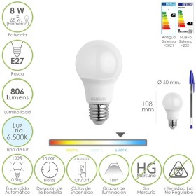 Bombilla Led Estándar Rosca E27. 8 Watt. Equivale A 65 Watt. 806 Lúmenes. Luz Fría (6500º K.)