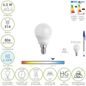 Bombilla Led Esfera Rosca E14. 6.5 Watt. Equivale A 55 Watt. 806 Lúmenes. Luz Fría 6500º K.