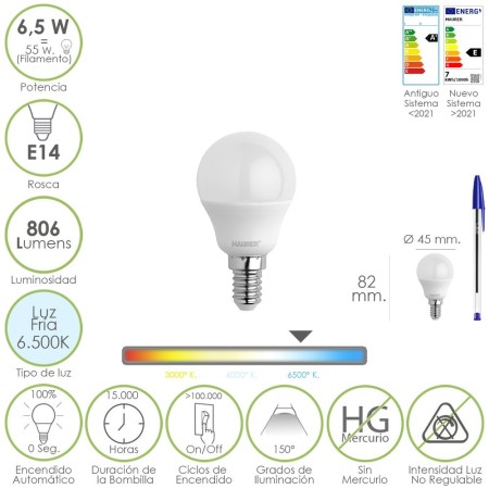 Bombilla Led Esfera Rosca E14. 6.5 Watt. Equivale A 55 Watt. 806 Lúmenes. Luz Fría 6500º K.