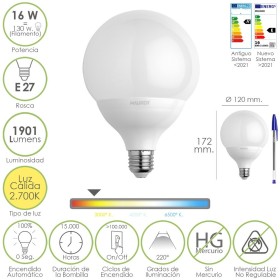 Bombilla Led Globo Rosca E27. 16 Watt. Equivale A 130 Watt. 1901 Lúmenes. Luz Cálida (2700º K.)