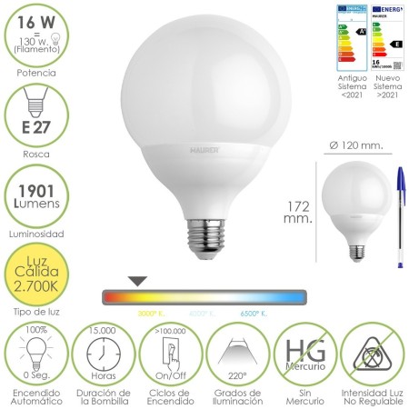 Bombilla Led Globo Rosca E27. 16 Watt. Equivale A 130 Watt. 1901 Lúmenes. Luz Cálida (2700º K.)