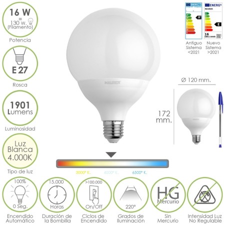 Bombilla Led Globo Rosca E27. 16 Watt. Equivale A 130 Watt. 1901 Lúmenes. Luz Blanca (4000º K.)