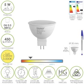 Bombilla Led Dicroica Rosca GU 5.3 / MR16. 5 Watt. Equivale A 40 Watt. 405 Lúmenes. Luz Cálida (3000º K.)