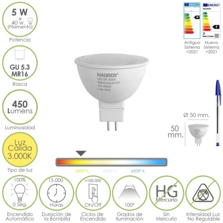 Bombilla Led Dicroica Rosca GU 5.3 / MR16. 5 Watt. Equivale A 40 Watt. 405 Lúmenes. Luz Cálida (3000º K.)