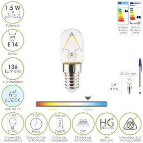 Bombilla Led Frigorífico Rosca E14. 1.5 Watt. Equivale A 15 Watt. 136 Lúmenes. Luz Fría (6500º K.)