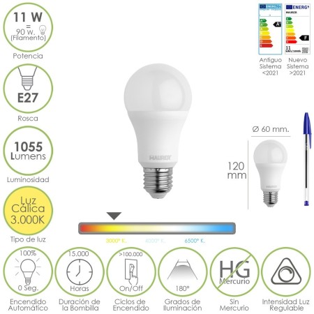 Bombilla Led Estándar Rosca E27. 11 Watt. Equivale A 90 Watt. 1055 Lúmenes. Luz Cálida (3000º K.) Dimerable