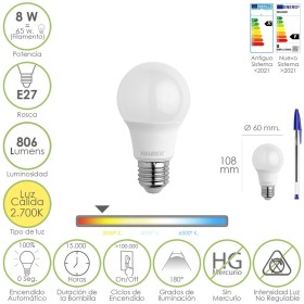 Bombilla Led Estándar Rosca E27. 8 Watt. Equivale A 65 Watt. 806 Lúmenes. Luz Cálida (2700º K.)