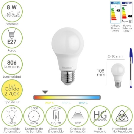 Bombilla Led Estándar Rosca E27. 8 Watt. Equivale A 65 Watt. 806 Lúmenes. Luz Cálida (2700º K.)