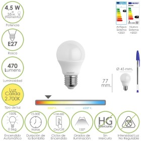 Bombilla Led Esférica Rosca E27 4.5 Watt. Equivale A 55 Watt. 470 Lúmenes. Luz Cálida (2700º K.)