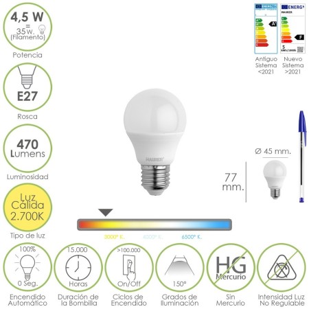 Bombilla Led Esférica Rosca E27 4.5 Watt. Equivale A 55 Watt. 470 Lúmenes. Luz Cálida (2700º K.)