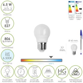 Bombilla Led Esfera Rosca E27. 6.5 Watt. Equivale A 55 Watt. 806 Lúmenes. Luz Fría 6500º K.