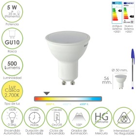 Bombilla Led Dicroica Rosca GU10. 5 Watt. Equivale A 30 Watt. 500 Lúmenes. Luz Cálida (2700º K)
