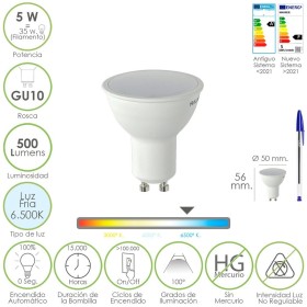 Bombilla Led Dicroica Rosca GU10. 5 Watt. Equivale A 30 Watt. 500 Lúmenes. Luz Fría (6500º K.)
