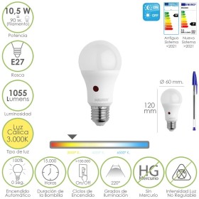 Bombilla Led Esfera Con Sensor Crepuscular. Rosca E27. 10.5 Watt. Equivale A 90 Watt. 1055 Lúmenes. Luz Cálida 3000º K.