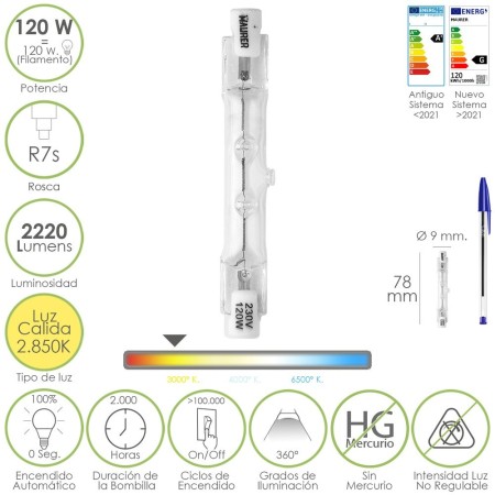 Bombilla Halógena Para Focos Rosca R7S. 120 Watt. 2220 Lúmenes. Luz Cálida (2850º K)