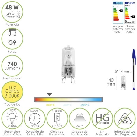 Bombilla Halógena G-9. 48 W. 460 lúmenes. Luz cálida (3.000º K)