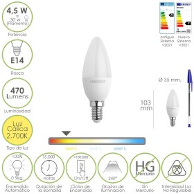 Bombilla Led Vela Rosca E14. 4,5 Watt. Equivale A 35 Watt. 470 Lúmenes. Luz Cálida (2700º K)