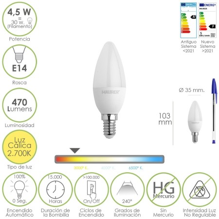 Bombilla Led Vela Rosca E14. 4,5 Watt. Equivale A 35 Watt. 470 Lúmenes. Luz Cálida (2700º K)