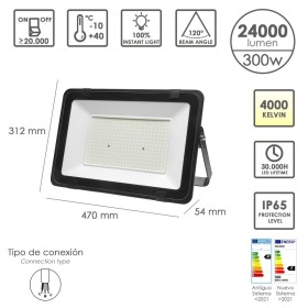 Foco Led Plano Potencia 300 Watt. 24000 Lúmenes. Luz blanca 4000K protección IP65. Cuerpo Aluminio. Foco Exteriores/Interiores
