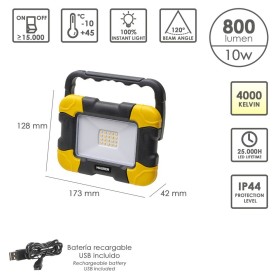 Foco Led Plano Recargable 10 Watt. 800 Lúmenes Luz blanca 4000K protección IP44. Portátil Proyector Led Obras