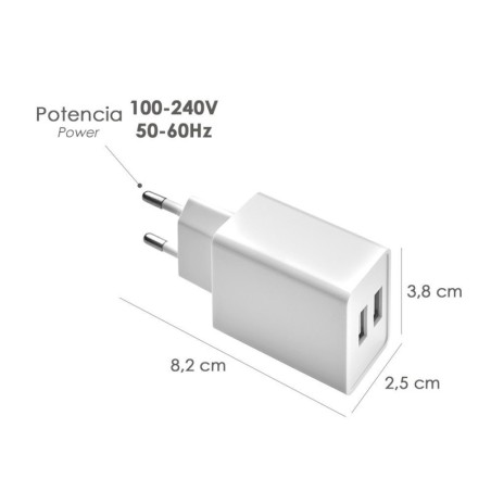 Cargador USB Dos Tomas 2.1 Amperios. 5 V. Adaptador Enchufe USB Cargador USB de Pared, Android, IPhone, Smartphones, Tablet.
