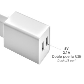Cargador USB Dos Tomas 2.1 Amperios. 5 V. Adaptador Enchufe USB Cargador USB de Pared, Android, IPhone, Smartphones, Tablet.
