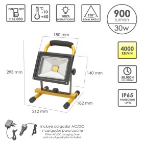 Foco Led 30 Watt. Luz Blanca 4000º K IP 65 900 Lúmenes Con Asa de Transporte, Proyector Led Con Asa, Foco Led Trabajo