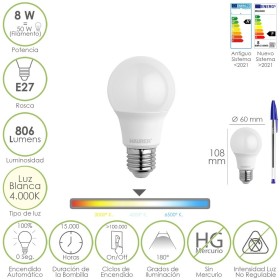 Bombilla Led Estándar Rosca E27. 8 Watt. Equivale A 65 Watt. 806 Lúmenes. Luz Neutra (4000º K.)