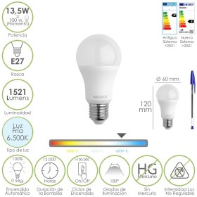 Bombilla Led Estándar Rosca E27. 13,5 Watt. Equivale A 100 Watt. 1521 Lúmenes. Luz Fría (6500º K.)