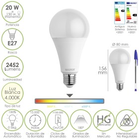 Bombilla Led Estándar Rosca E27. 20 Watt. Equivale A 150 Watt. 2452 Lúmenes. Luz Neutra (4000º K.)