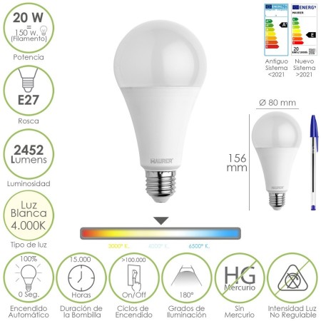 Bombilla Led Estándar Rosca E27. 20 Watt. Equivale A 150 Watt. 2452 Lúmenes. Luz Neutra (4000º K.)
