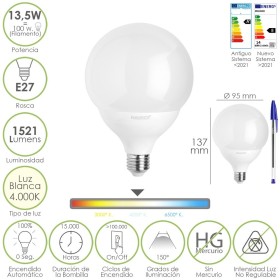 Bombilla Led Esfera Globo E27. 13,5 Watt. Equivale A 100 Watt. 1521 Lúmenes. Luz Neutra 4000º K.
